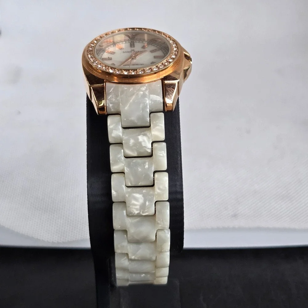 Anne Klein Women's Watch 10/9668 Rose Gold Tone White Resin Crystal Bezel 5.5
